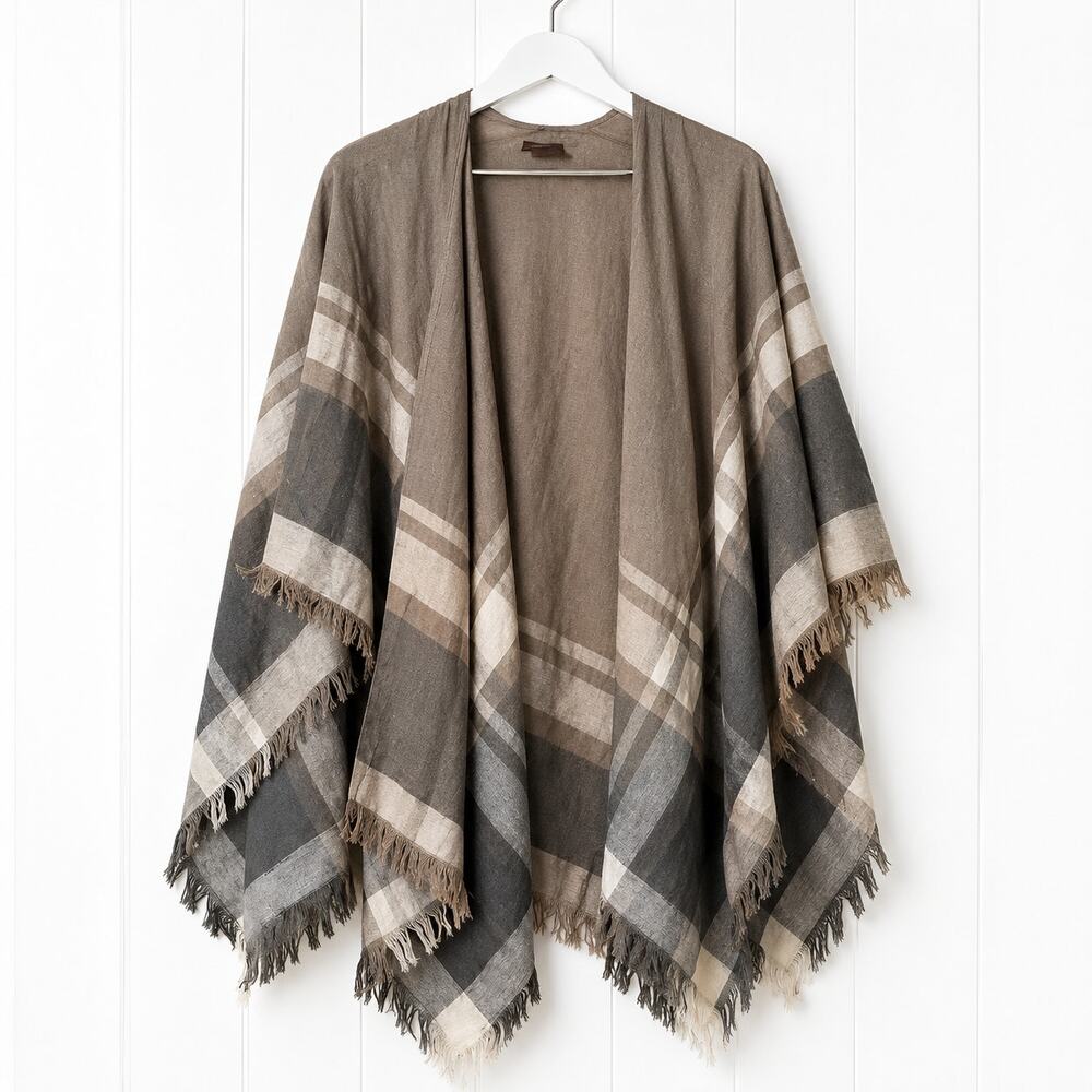 Lord & Taylor Womens Plaid Fringe Ruana Poncho Wrap One Size Gray Tan